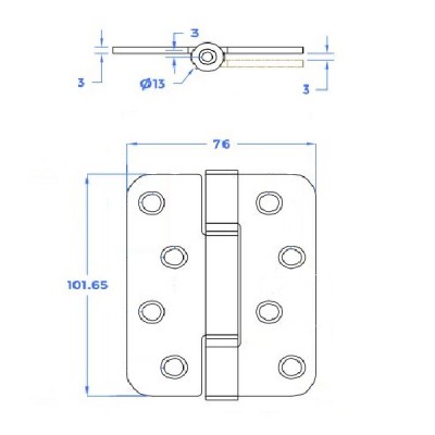 Stainless Steel Radius Butt Hinge - Self Lubricating Phosphor Bronze Washered  - 316 Marine Grade  - 120kg Max Load Bearing